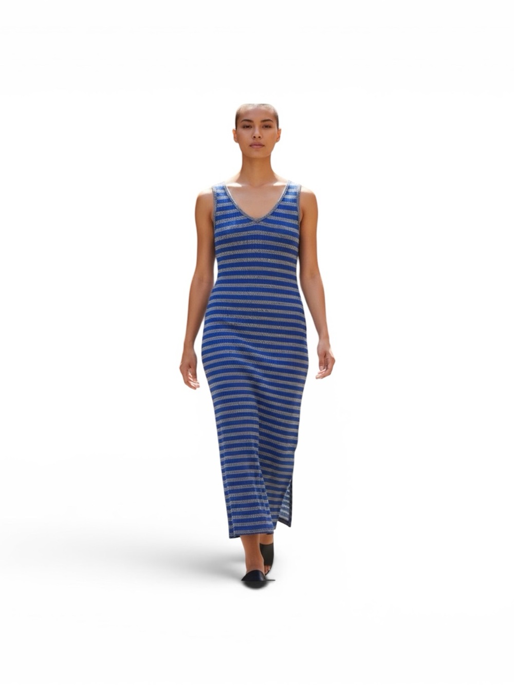 Stunning Sleeveless Blue Striped Knit Dress Size S/M